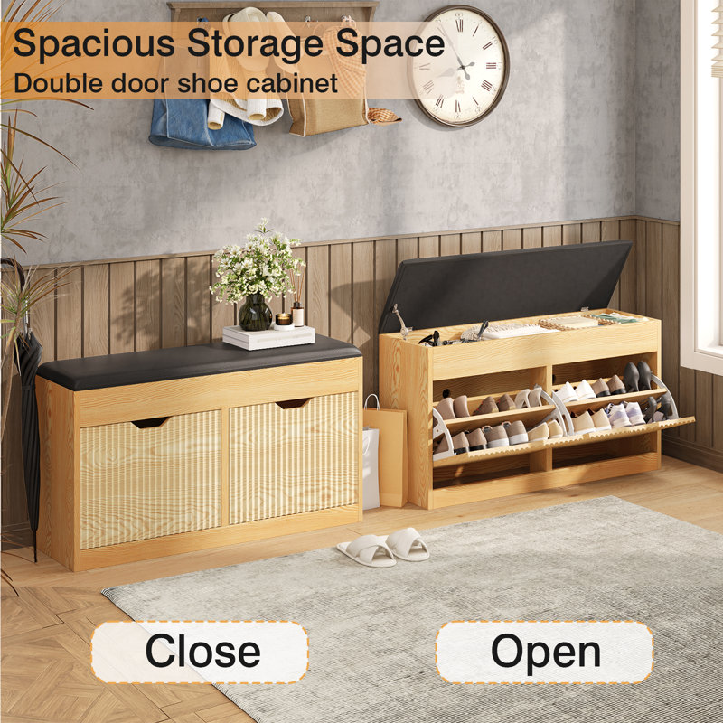 Banc de rangement pour chaussures 39 po avec 2 tiroirs rabattables et plateau caché, Marron clair