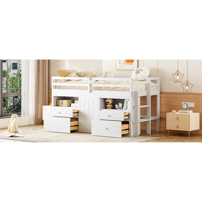 Lit mezzanine simple blanc avec 4 tiroirs, tablettes et armoire, Blanc