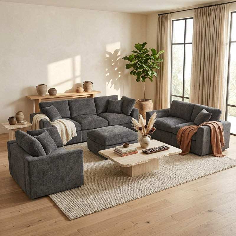 Ensemble de salon 4 pièces en chenille avec repose-pieds, canapé et causeuse avec cadre en bois massif, Gris