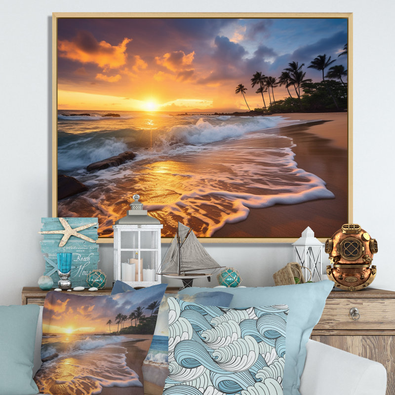 Photo de plage, coucher de soleil, Serenade IX - art mural plage côtière, H 16 po x l 32 po x P 1 po, Cadre flottant érable