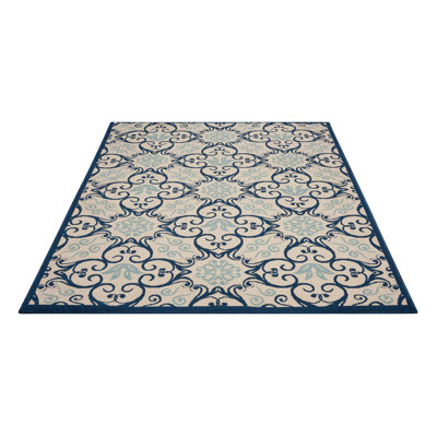 Lewis Damask Ivory/Navy Indoor/Outdoor Area Rug
