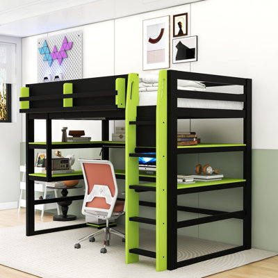 Wooden Loft Bed with Desk, Shelving, Charging Ports, and LED Lighting