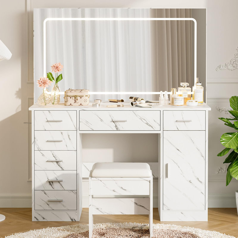 Patikuin LED Vanity Desk with Lighted Mirror, White Makeup Table with 7 Drawers & Hairdryer Holder, Dimmable 3-Color Lights & Power Outlets, Stable Dressing Table with Stool for Bedroom, Marble White
