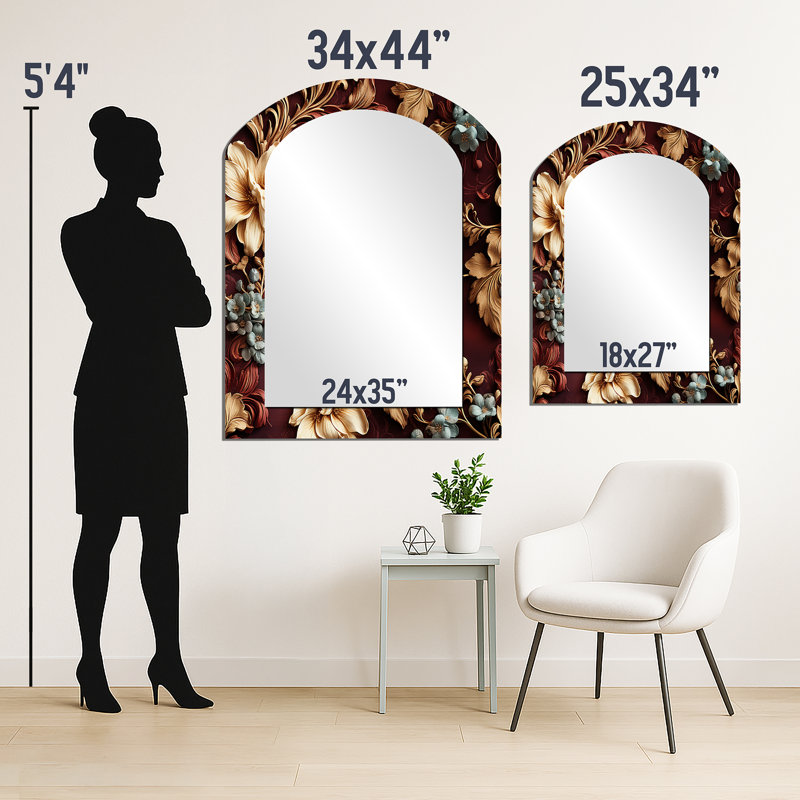 Motif victorien rustique de brocart rustique - miroir mural asymétrique floral, miroir décoratif arqué brun, impression d'art en métal