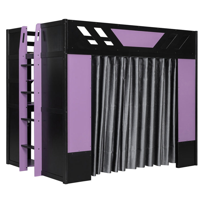 Lit mezzanine en bois pleine grandeur avec tablettes, rideaux occultants et lumières RVB, Mauve et noir
