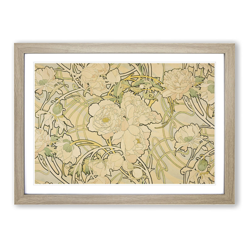 Peonies by Alphonse Mucha - Framed Print, 48cm H x 65cm W x 2cm D, Oak Framed
