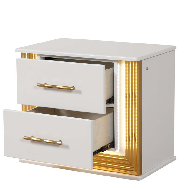 Table de chevet 2 tiroirs Obsession de style contemporain avec lumières DEL et finition dorée, parfaite pour les chambres à coucher modernes