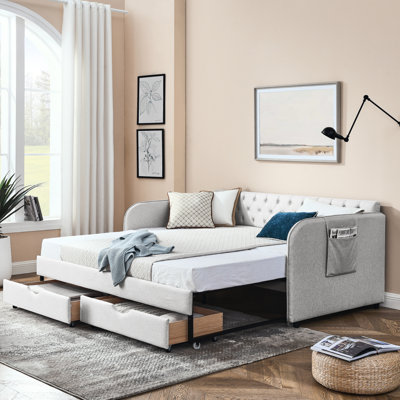 Twin To King Daybed With Trundle And Storage Options, Versatile For Living Room Bedroom, Linen Beige Expandable Storage, Stylish Home, Size