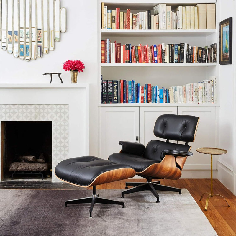 Chaise longue en bois massif, Cuir véritable noir / noyer