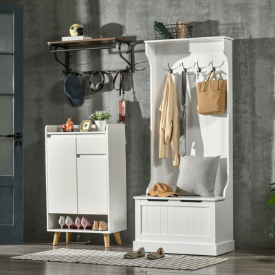 Hall Tree with Coat Rack, Storage and Sitting Bench, White