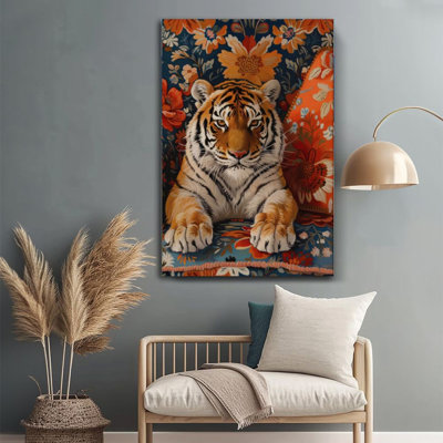 1 pièce de 24 x 36 pouces, art mural sur toile grand tigre, motif floral réaliste, décoration murale encadrée de style peinture décorative pour la maison