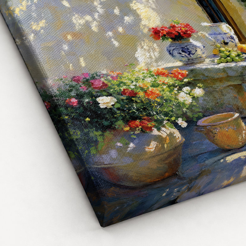 «Courtyard Flowers and Fruit Table», art mural sur toile tendue, H 36 po x l 48 po
