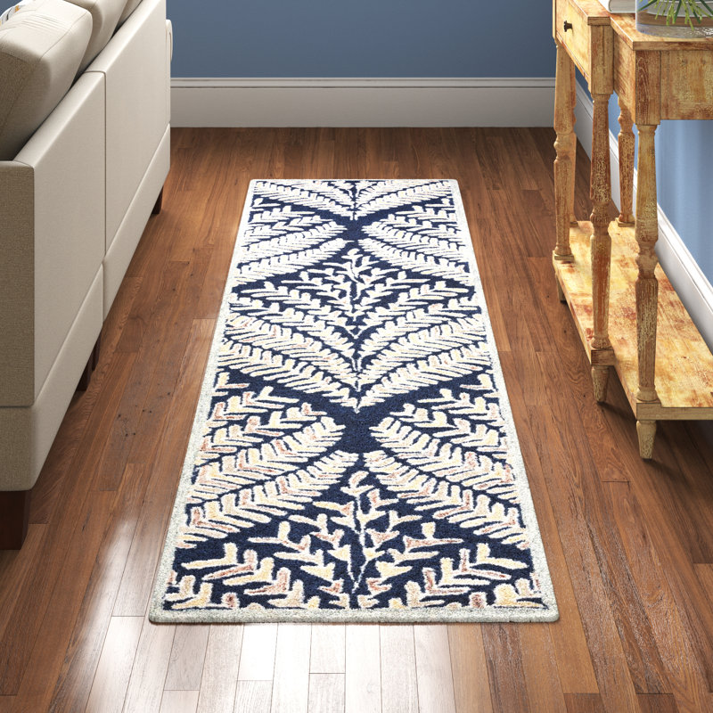 Tapis bleu marine / ivoire en laine touffeté à la main Arisdelsy, Tapis de couloir 2 pi 3 po x 9 pi