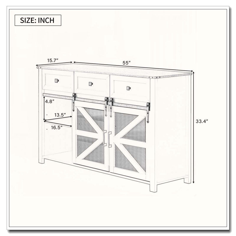 55" Sliding Barn Door Sideboard with Drawers, Adjustable Shelves, and Metal Mesh Doors, Navy Blue