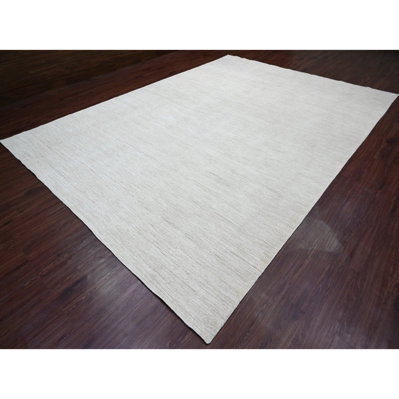 9'9"x13'6" Pearl White Plain Solid Pattern Hand Knotted Ghazni Wool Rug CD2A1B943CB0441DA488D10C1D63D77B