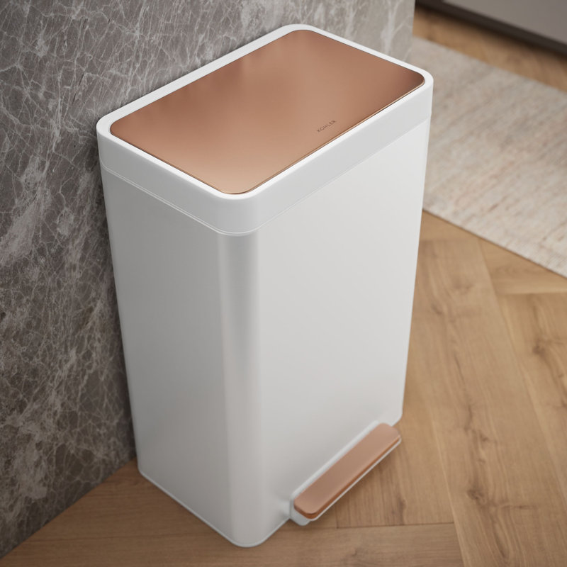 Reset 13 Gallon Kitchen Trash Can, Stainless Steel Hand Free Step Trash Can with Quiet-Close Lid, White/Copper