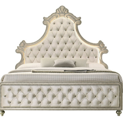 Lit en velours beige Lucienne EK avec DEL