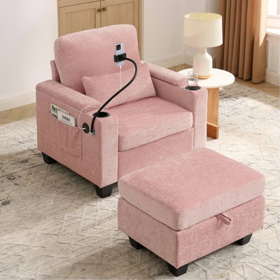 Canapé inclinable simple avec dossier réglable manuellement, port de charge USB sur le côté de l'accoudoir, support pour téléphone inclus, rangement des accoudoirs dissimulé et repose-pieds de rangement assorti - rose