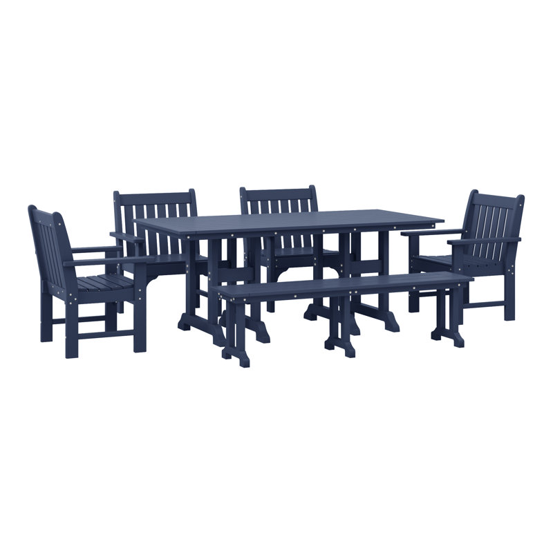 Laguna Poly 6-Piece Rectangular Table Garden Arm Chair Dining Set With Bench, Navy