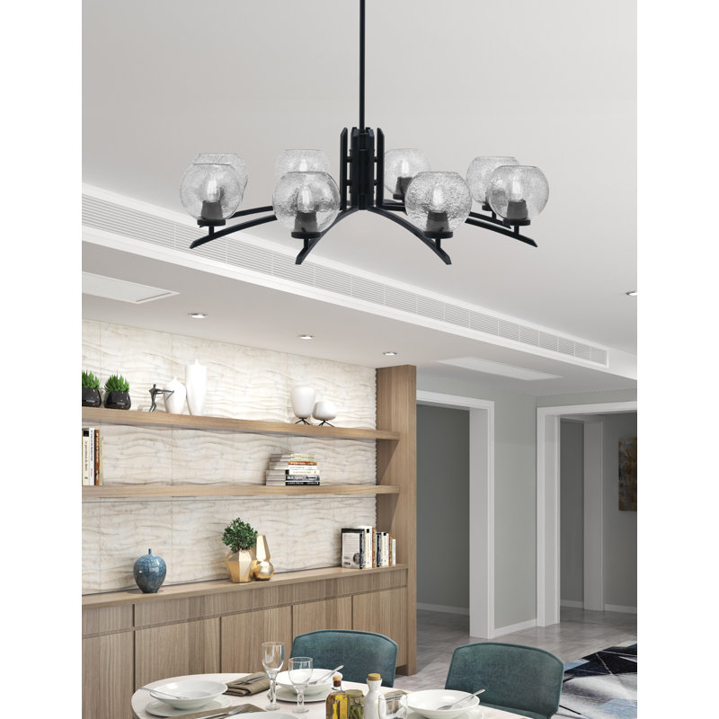 Lustre 8 lumières kurve au fini noir mat avec verre à bulles de 5,75 po, Fumée