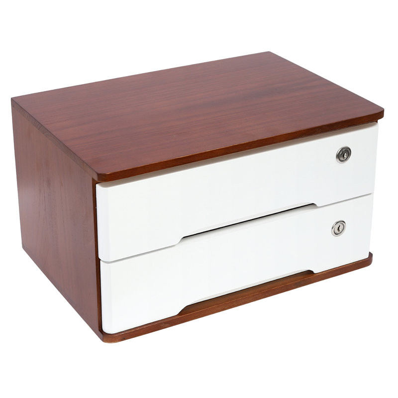 Boîte de rangement de bureau en bois à 2 niveaux avec tiroirs verrouillables, noyer, blanc, Brun / Blanc