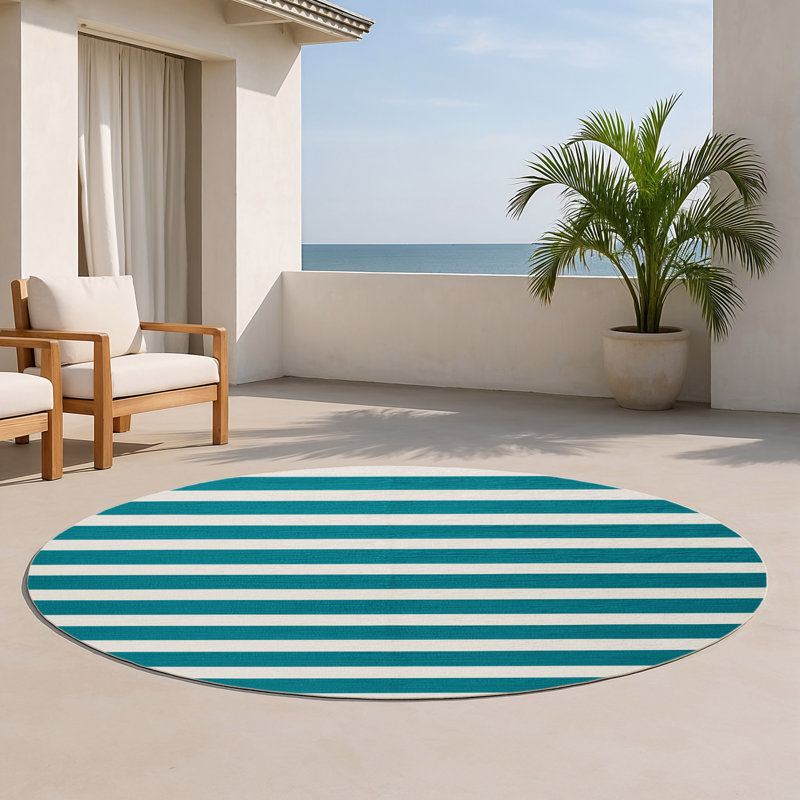 Tapis intérieur / extérieur blanc HorizontalStripes, Rond 5 pi