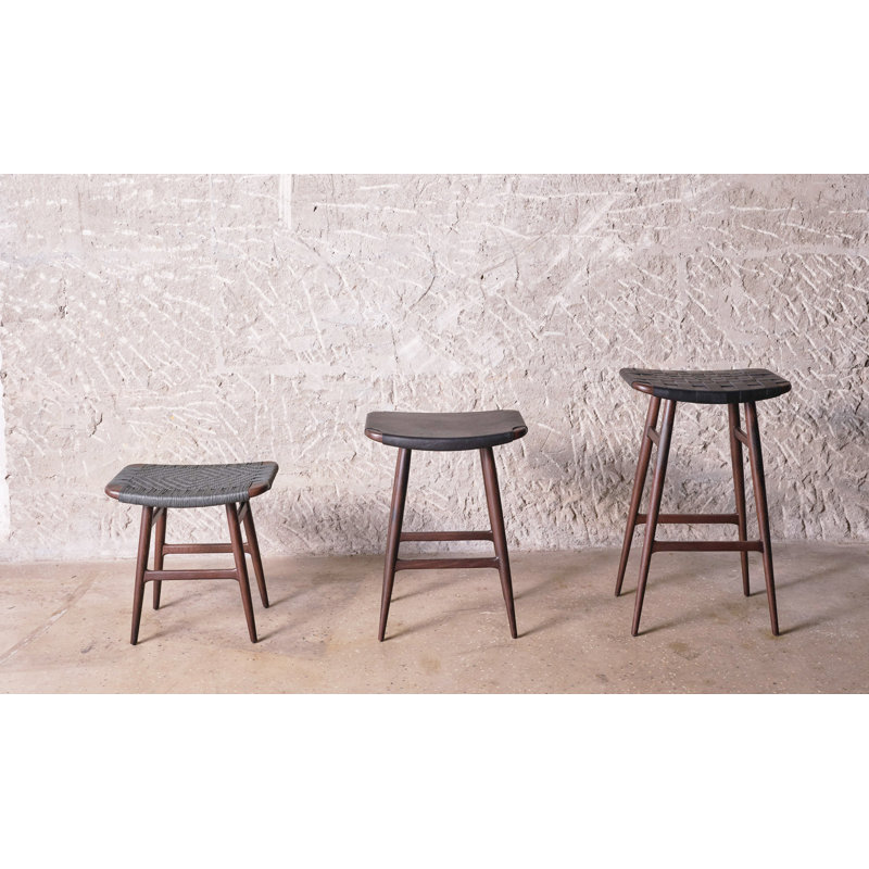 Freja Upholstered Stool with Solid Wood Frame, Saddle Leather Black, Natural Walnut