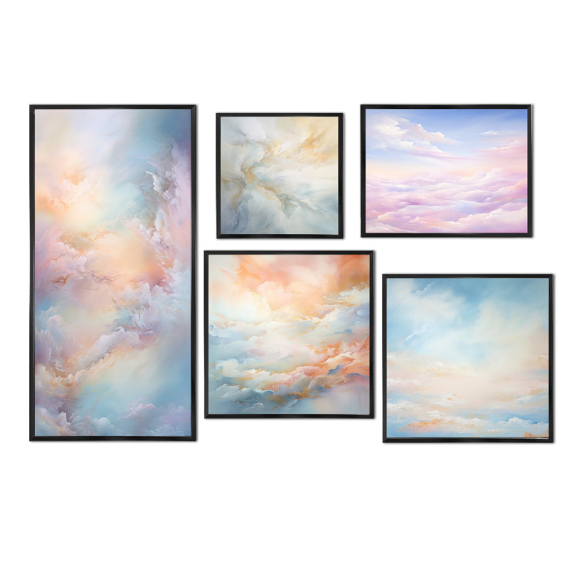«Clouds Charm», art mural sur toile, ensemble de 5, Cadre flottant doré