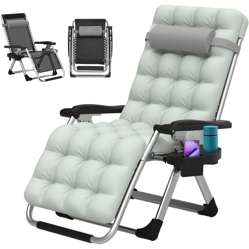 Arlmont & Co. Zero Gravity Chair, Portable Folding Outdoor Recliner w/Removable Cushion, Cup Holder and Pillow, Gray/Silver