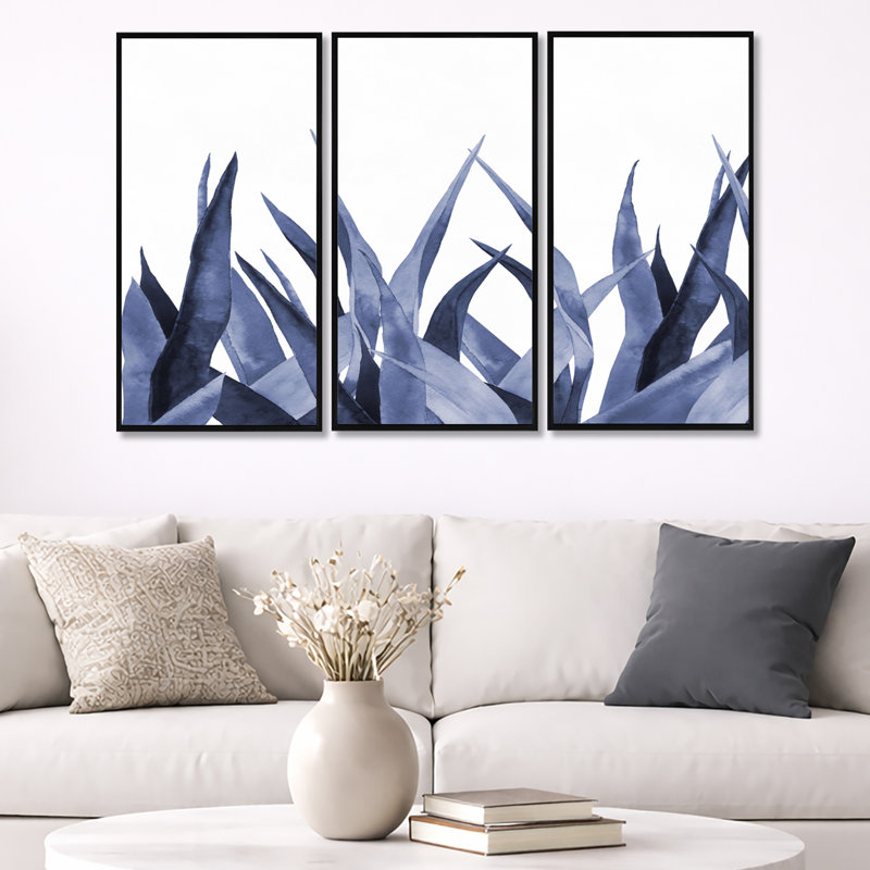 «Marine Agave Leaves» - impression sur toile flottante 3 pièces, Noir, H 28 po x l 36 po