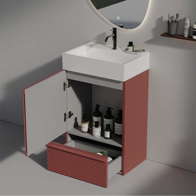 Meuble-lavabo autoportant pour salle de bain avec lavabo en céramique, Rouge