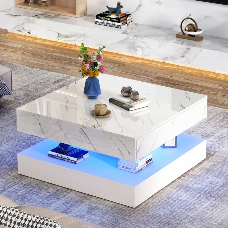 33.9" LED Coffee Table with Storage, Modern High Glossy Living Room Table with 2 Drawers, Double-Layer Design Large Square Center Table