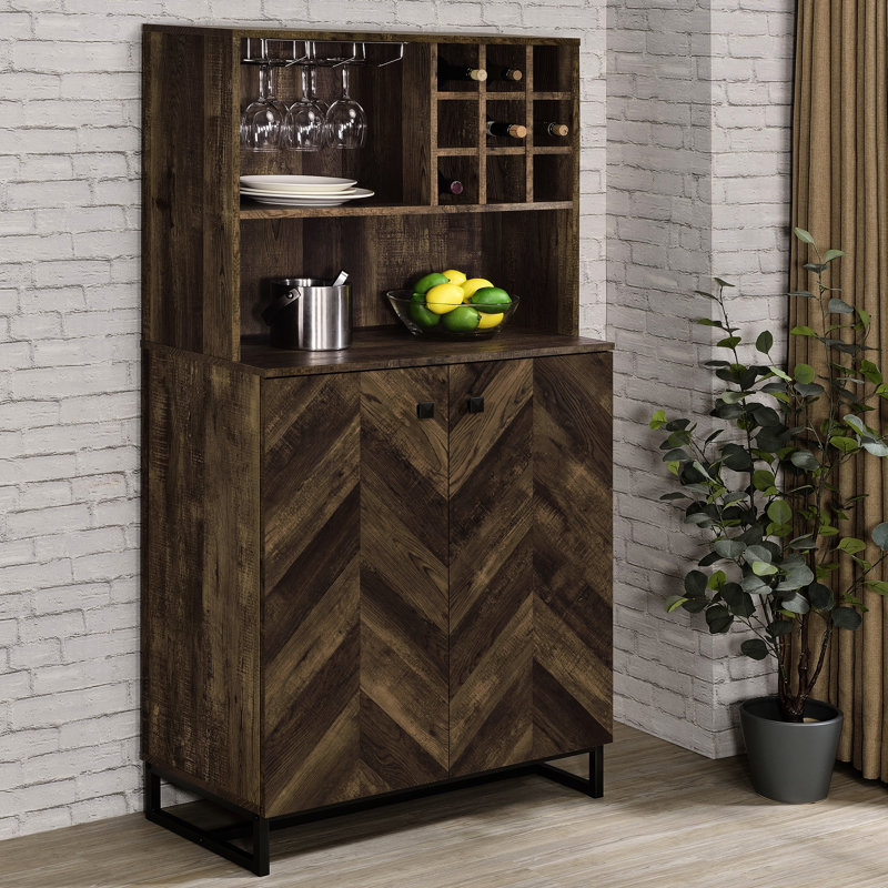 Rustic Oak 2-Doors Wine Cabinet, Classic Herringbone Pattern, Built-In Rack For 9 Bottles, , And Industrial Legs Dining Room Cabinet In Oak, 2-Doors, Front, Rack, Stemware Holder, Gunmetal