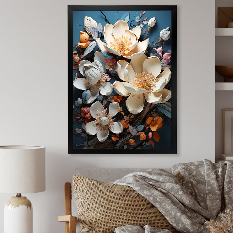 Magnolia beige et rose I sur toile, Cadre simple noir, H 40 po x l 30 po x P 1,5 po