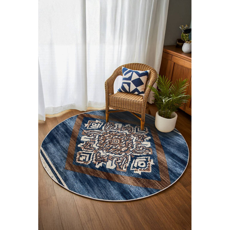 Tapis marocain en coton et polyester à imprimé numérique Minisase, Rond 3 pi 4 po