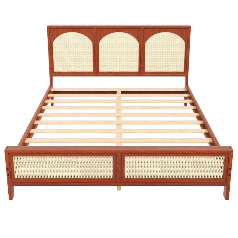 Lit plateforme en bois avec tête et pied de lit en rotin, Grand lit, Noyer