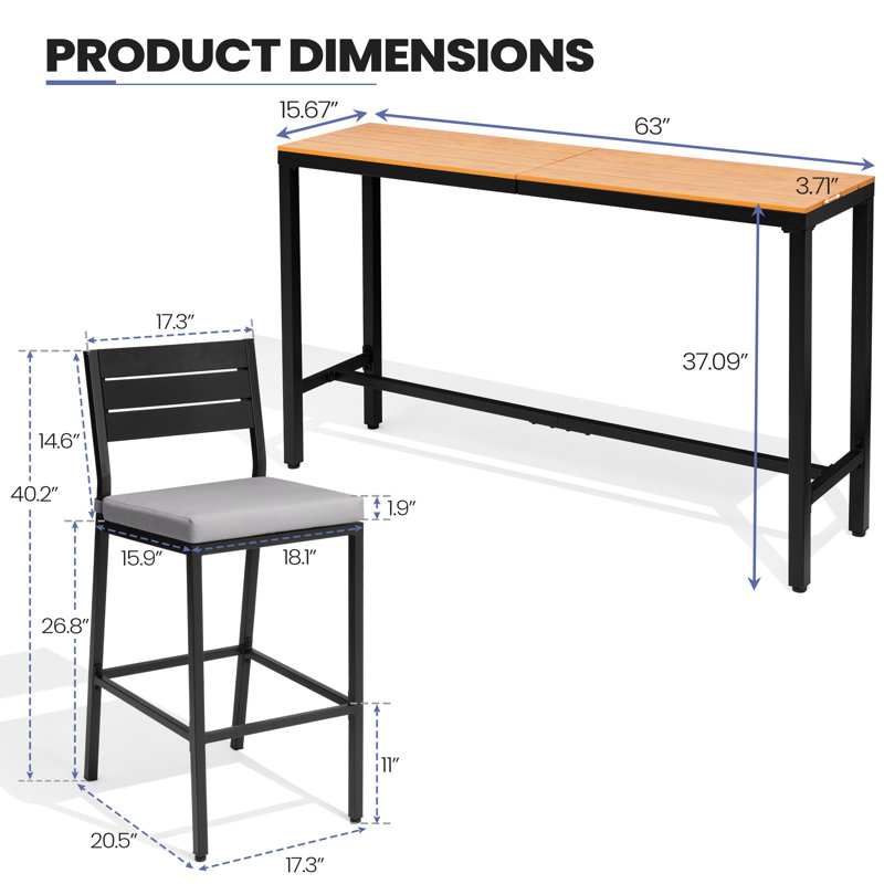 Ensemble de bar de salle à manger rectangulaire en métal pour 4 personnes L 126 po, Gris, Brun