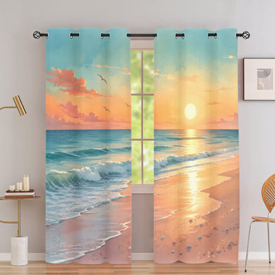 2PCS Grommet Top Blackout Window Curtains, Seaside Sunset Beach Wave Scenic Polyester Printed Drapes, Thermal Insulated, Noise Reducing, Privacy Protection, Room Darkening Window Treatments for Living Room Bedroom Home Decor