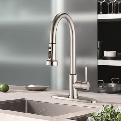 Robinet de cuisine en acier inoxydable avec tirette en nickel brossé - aux égratignures, à la rouille et aux taches, bec pivotant à 360 °, débit de 1,8 gallon par minute dans l'eau pivotante