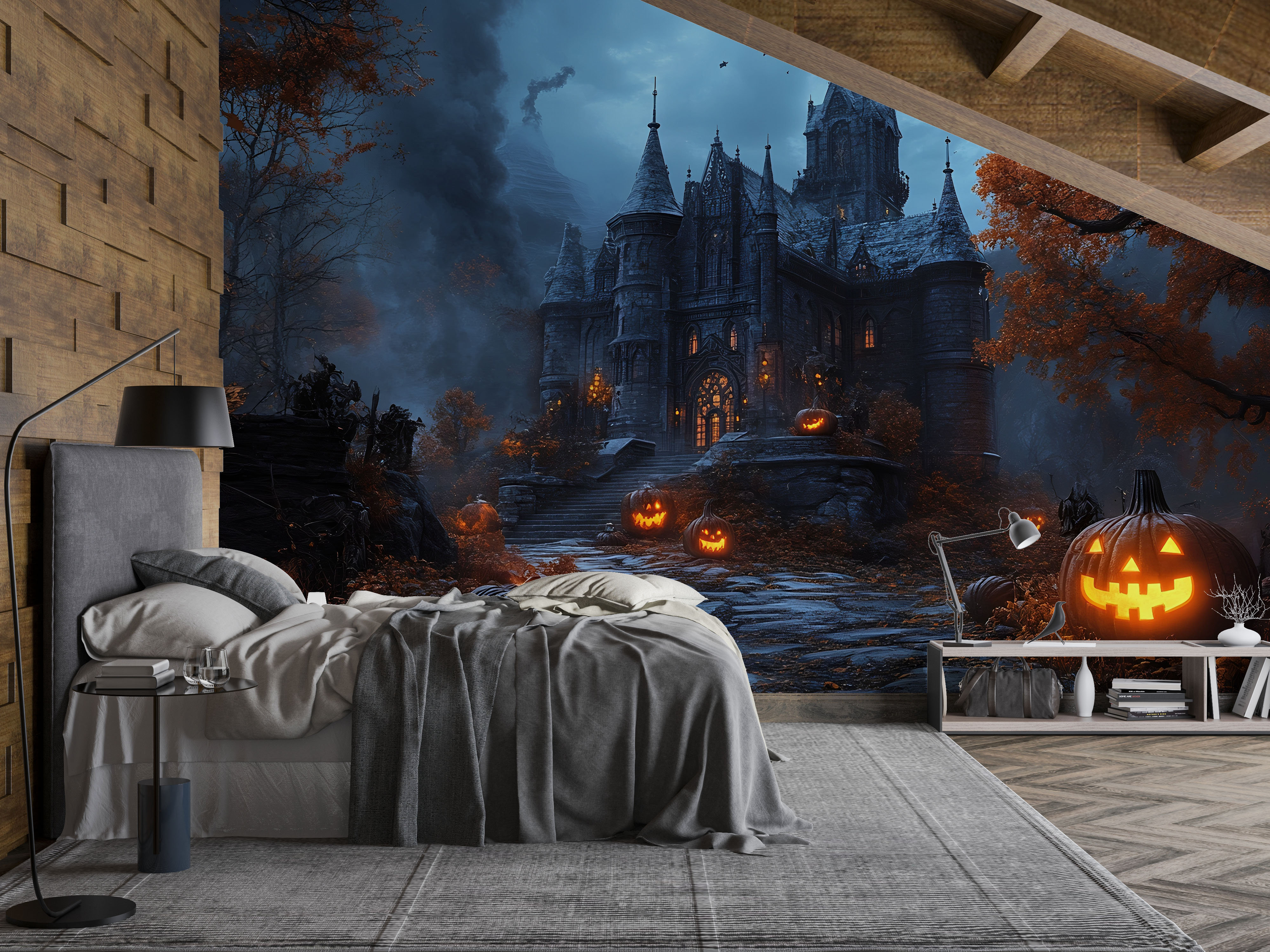The Holiday Aisle® Gothic Halloween Wallpaper - Haunted Castle & Jack-O