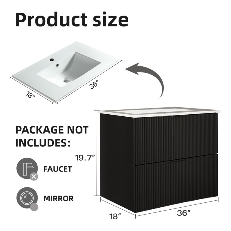 Bathroom Vanity Cabinet with Sink Black Wall Mounted Bathroom Vanities with Ceramic Sink Floating Fluted Sink Vanity with Drawers,Modern