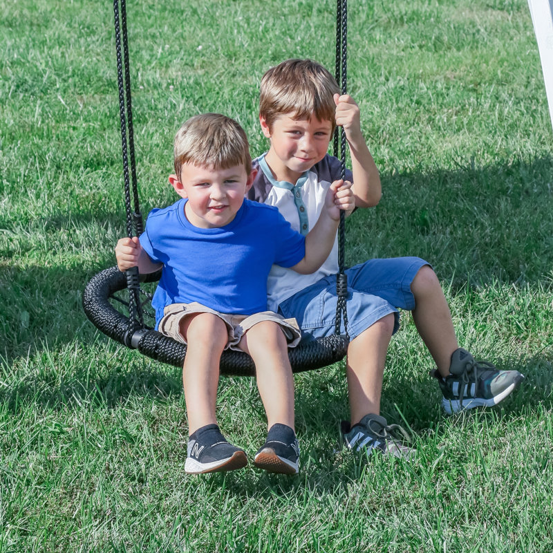 Whispering Point White and Gray Cedar Wooden Swing Set with Wave Slide