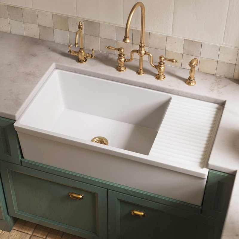 Whitehaus 36” Single Bowl Fireclay Kitchen Sink: Integral Drainboard, 2-1/2" Lip Front Apron, Matte White