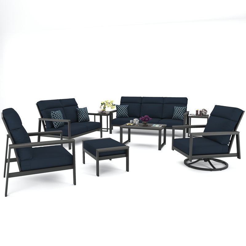 Ensemble de conversation pour 7 personnes avec coussins Sunbrella Chesler, Canvas Navy, Gris foncé / Gris
