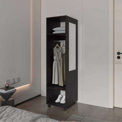 Armoire noire à 3 tablettes avec miroir et rangement ouvert
