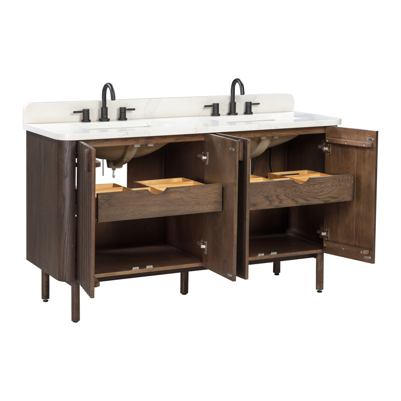 Blakely 72" Free Standing Double Bathroom Vanity with Quartz Top, Brown, Black, 73"