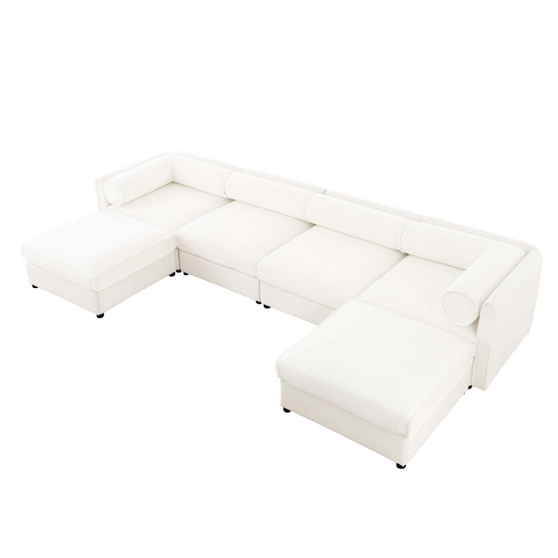 Canapé modulaire moderne en U avec rangement et 2 repose-pieds avec rangement, Chenille blanche