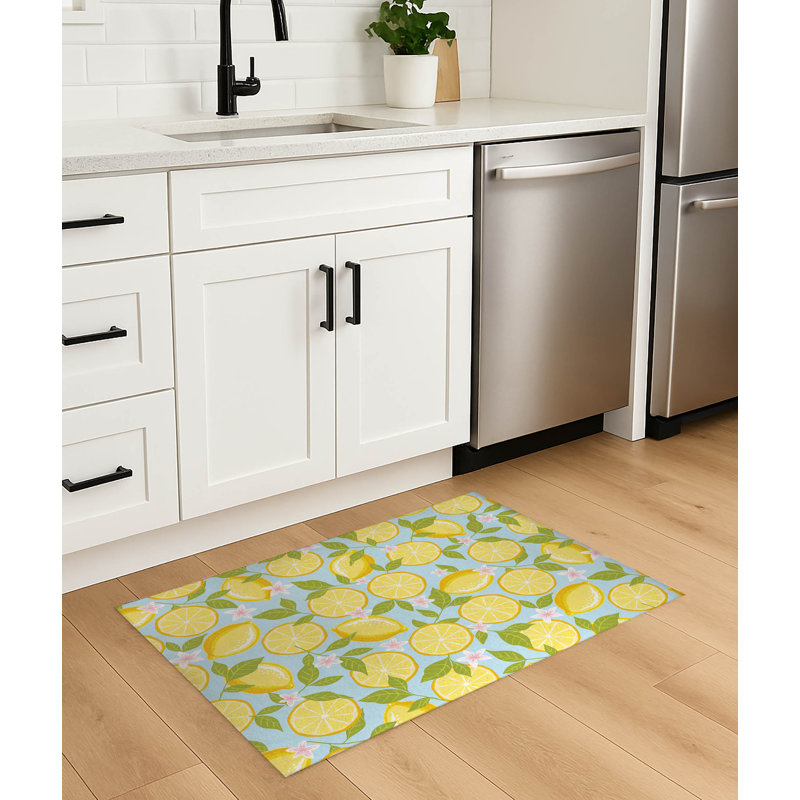 Tapis de cuisine anti-dérapant léger Lemons, Bleu, Rectangle 5 pi x 7 pi