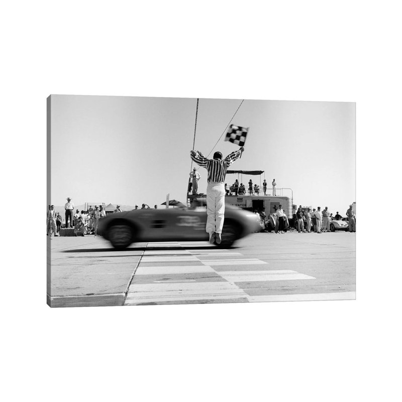 1960s Man Jumping Waving Checkered Flag For Winning Sports Car Crossing The Finish Line - Wrapped Canvas Print