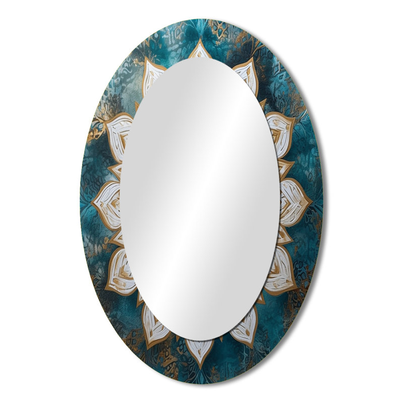 Teal And Gold Mandala II - Large Oval Wall Mirror On Metal, 36" x 24"